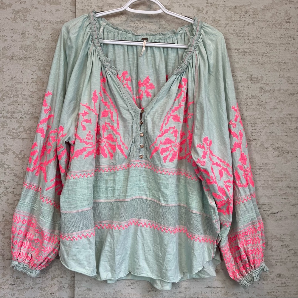 Free People Mint Green and Hot Pink Embroidered Detail Top Sz M